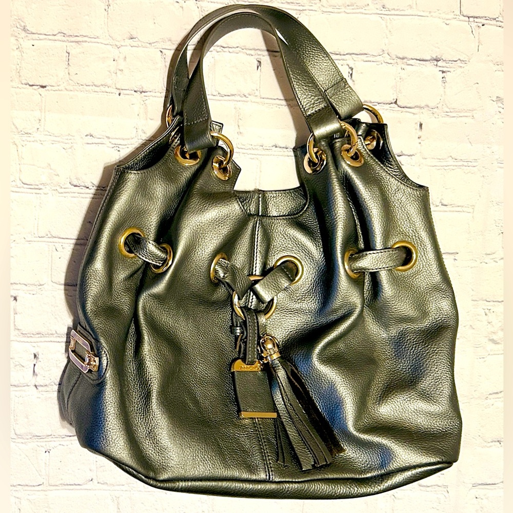Jimmy Choo Metallic Gray Leather Handbag - Gold & Purple Hardware - EUC